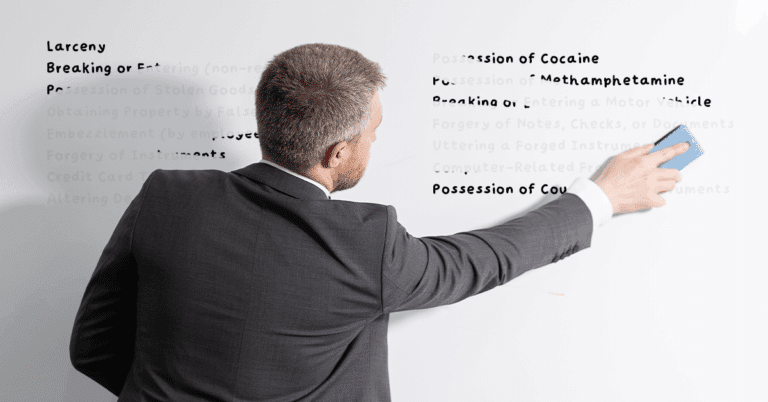 A man in a suit erasing a list of criminal charges from a whiteboard, symbolizing second chances or expungement.